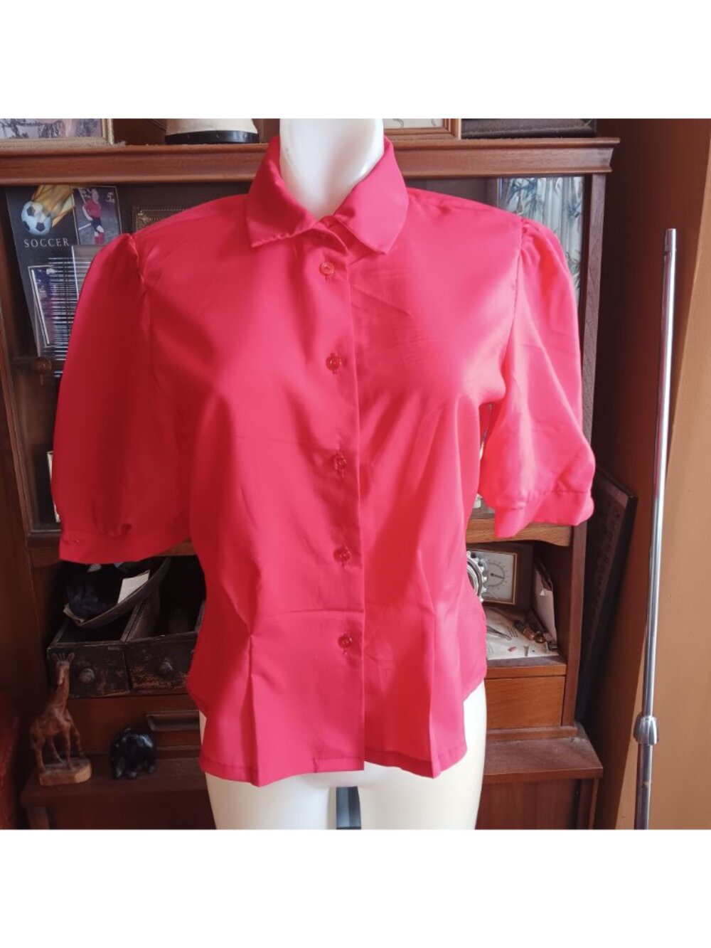 True Vintage Top sz 11 1980's Katos Red Short Sleeve Blouse Puff Shoulders  Thin